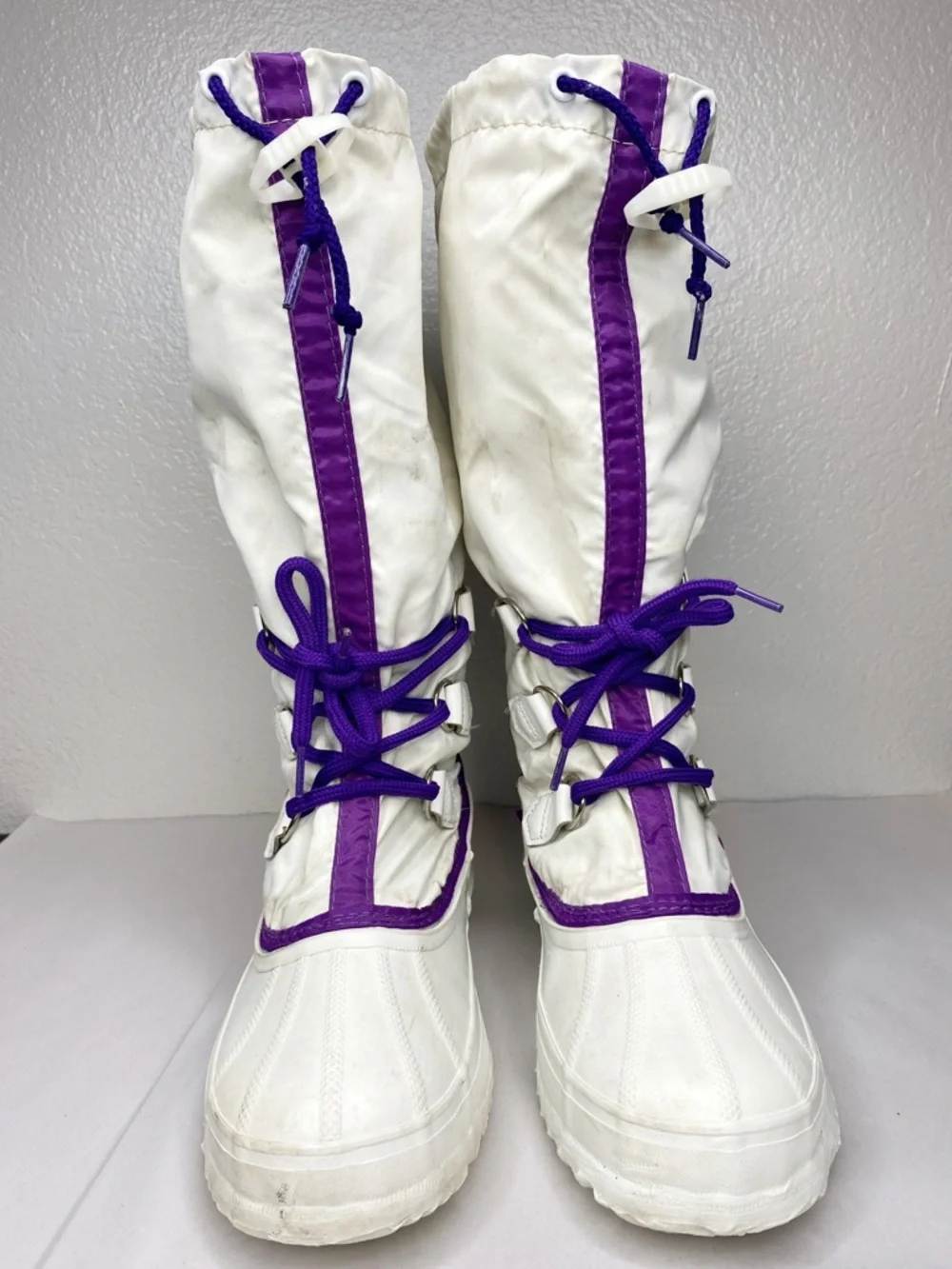 Vintage 90’s Sorel White Purple Nylon Winter Snow Boots Sz 8-8.5 Made in Canada